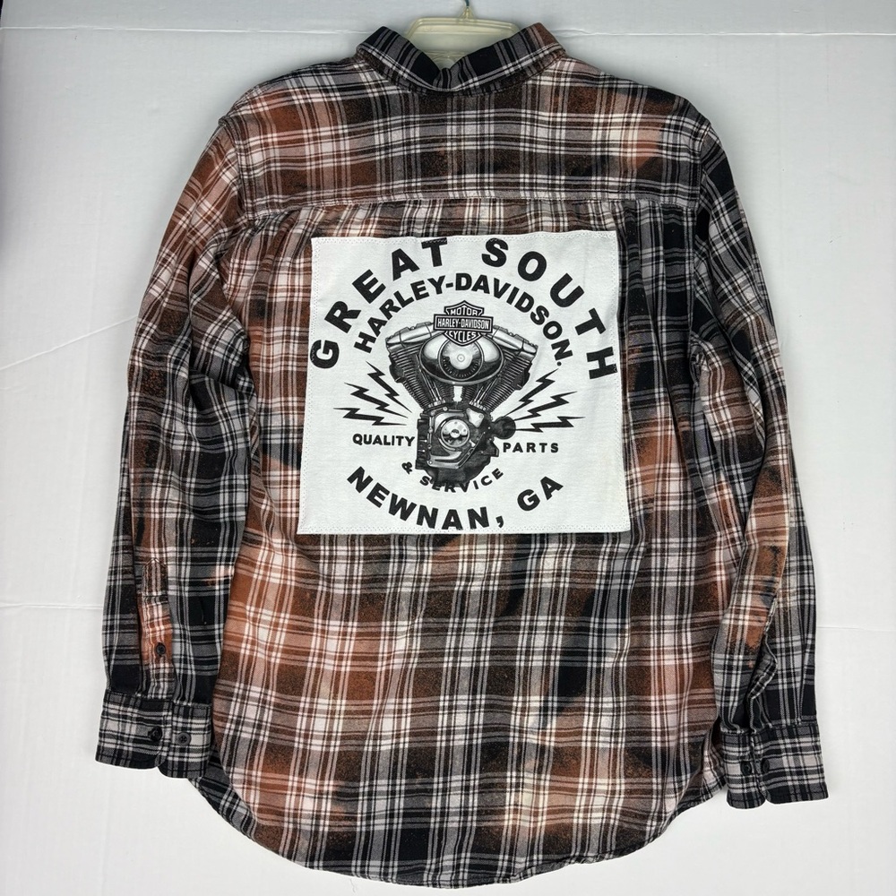 Upcycled Harley Davidson Adult Large Shirt Distressed Flannel Plaid Newnan GA